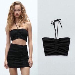 Zara Black ribbed knit ruched halter crop top Sz L